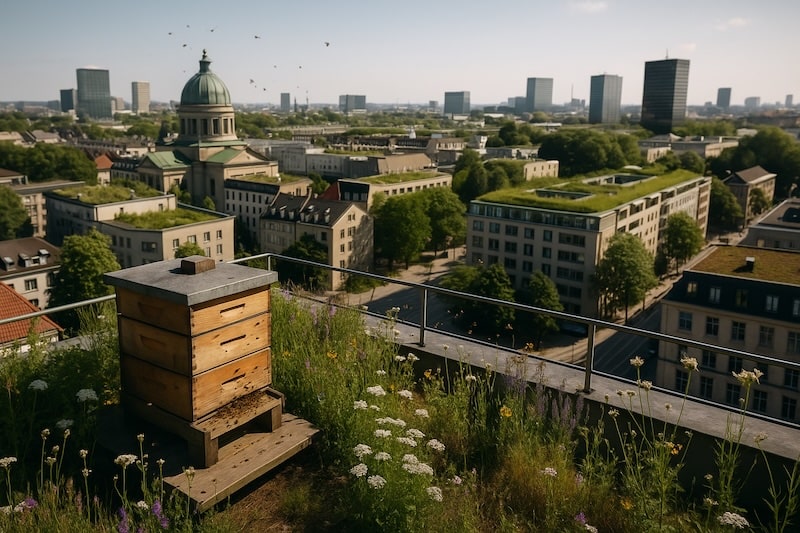 Urban beehive on a green rooftop overlooking the city